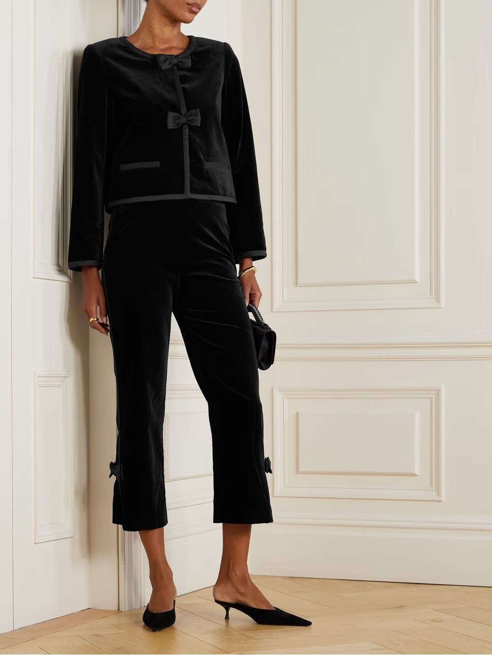 Posse Quincy Black Cotton Velvet Cropped Bow Satin Trim Slim Pants XS